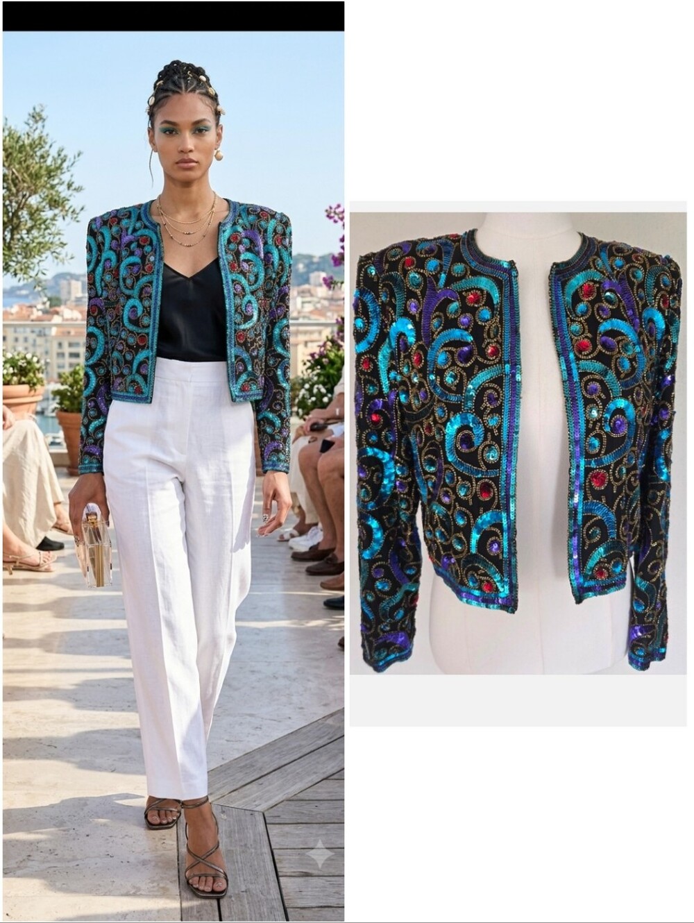 Scala Vintage 90s Silk Beaded Sequin Cropped Trophy Jacket PM Teal Purple